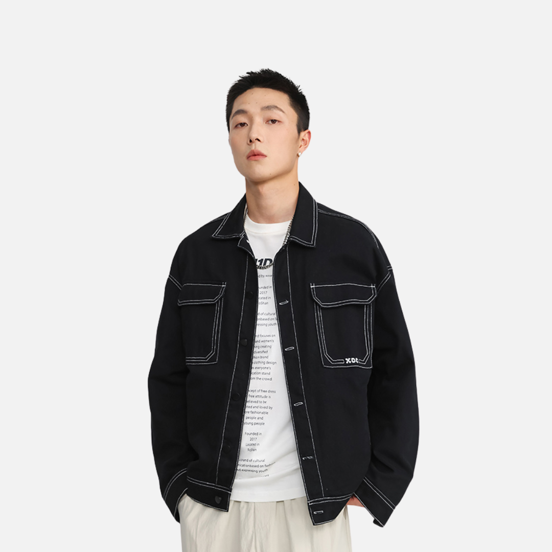 OVERSIZE CONTRAST STITCH JACKET - BLACK