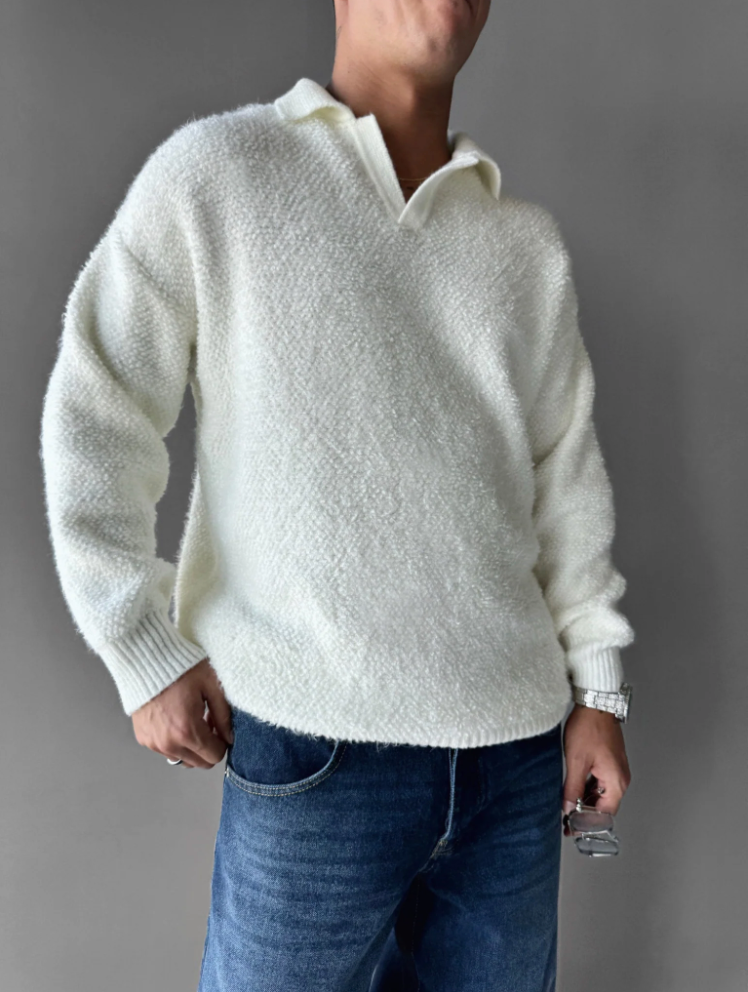 OVERSIZE FIT KNIT COLLAR BRUSHED PULLOVER - POLAR WEIẞ