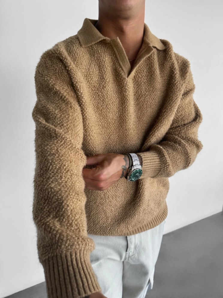 OVERSIZE FIT KNIT COLLAR BRUSHED PULLOVER - CAMEL